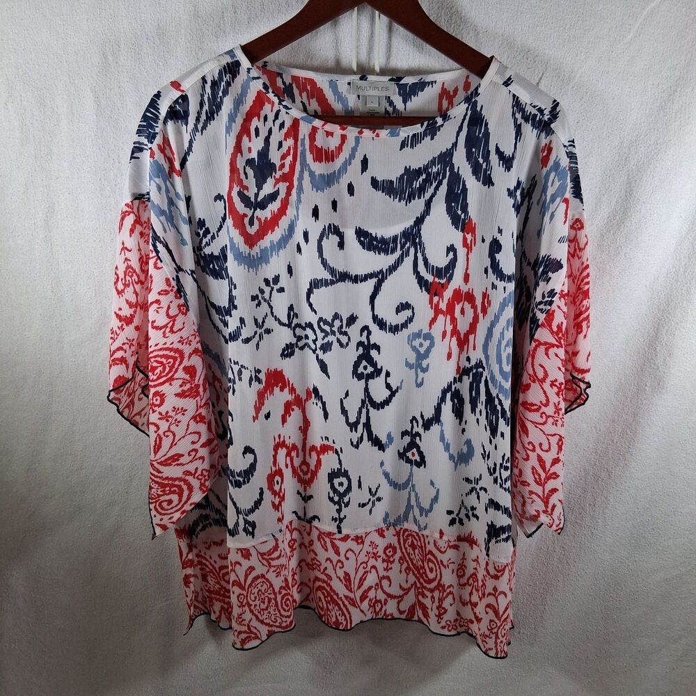 Multiples Large Chiffon Red Blue Ikat Paisley Flutter Sleeve Tank Set Boho